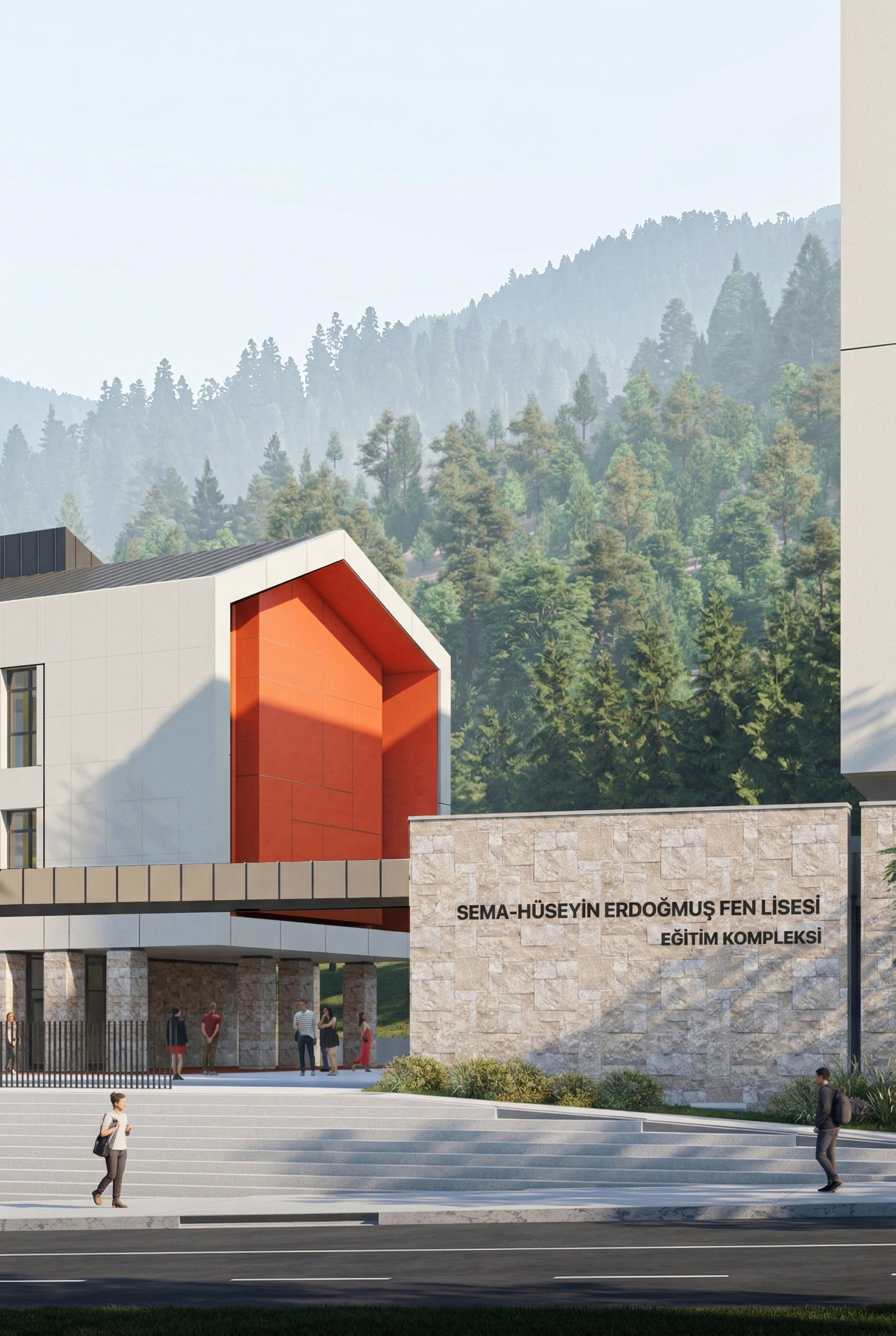 Eğirdir Fen Lisesi Eğitim Kompleksi giriş duvarını ve doğal çevre ilişkisini gösteren mimari render.