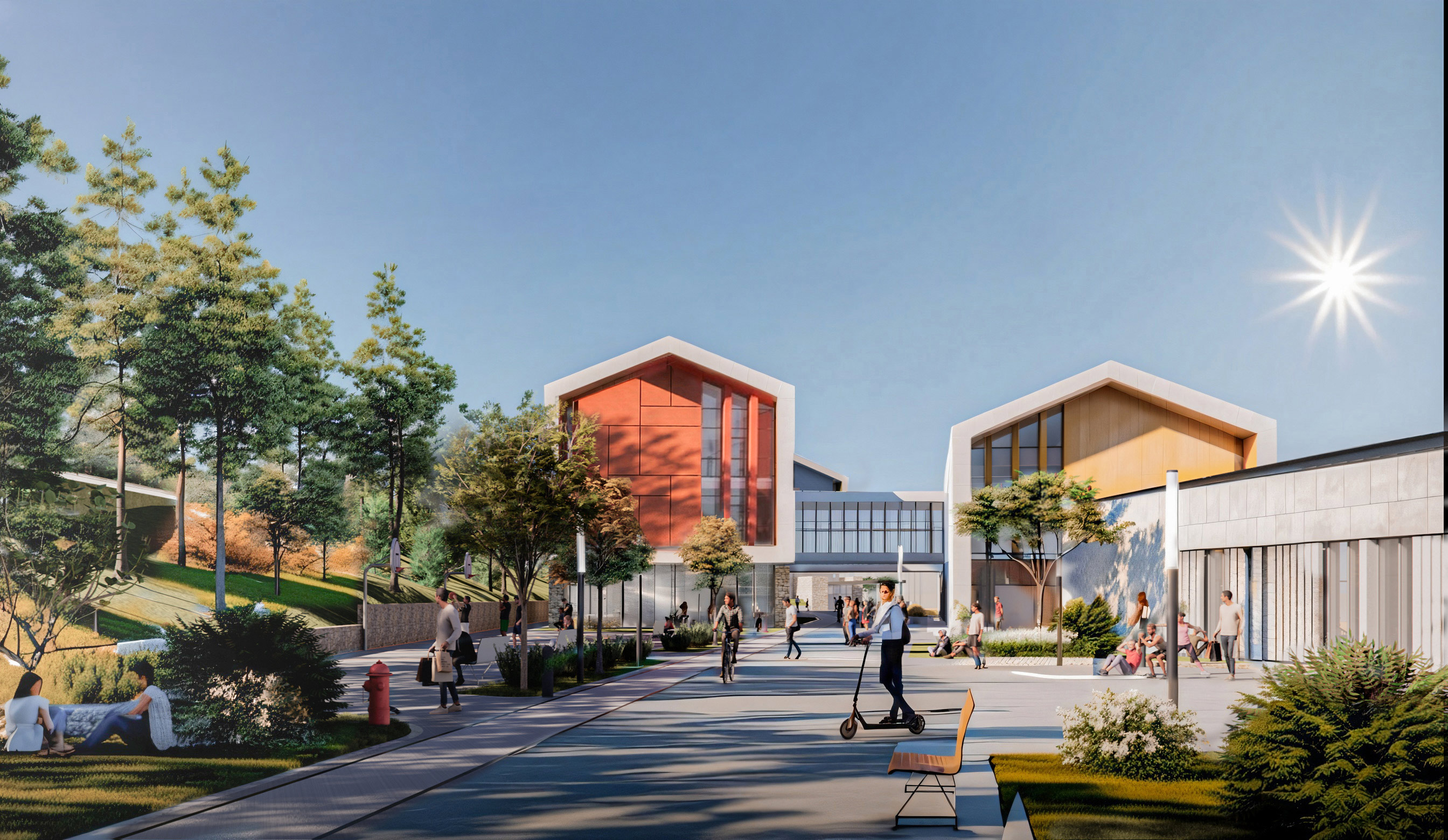 Fen lisesi kampüsündeki iç avlu, yaya aksı ve sosyal açık alanları gösteren mimari render.