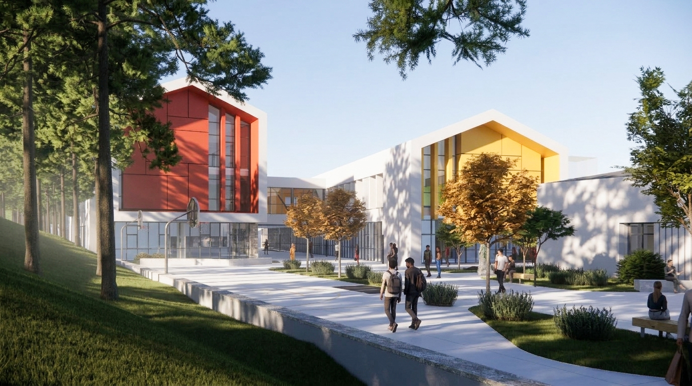Fen lisesi kampüsündeki açık avlu, yaya aksı ve sosyal yaşam alanlarını gösteren mimari render.
