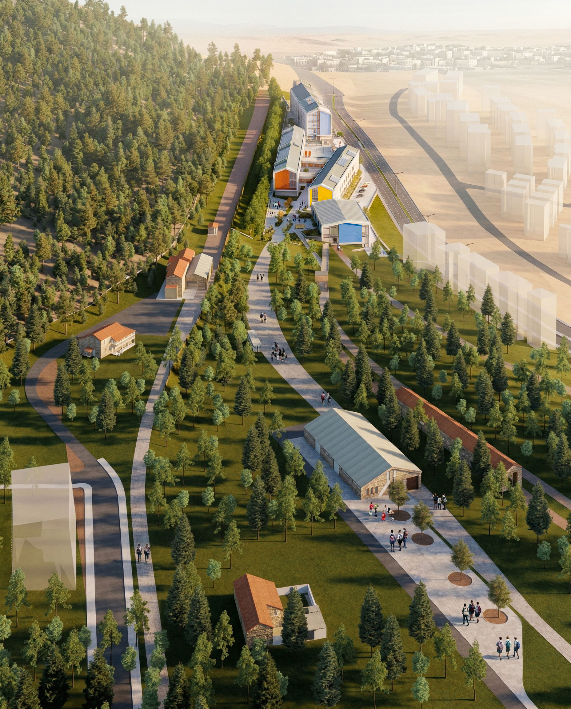Tarihi tren garı yapıları ile yeni eğitim kampüsünü birlikte gösteren üst ölçek mimari render.