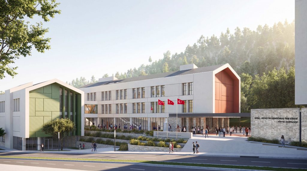 Eğirdir Fen Lisesi Eğitim Kompleksi’nin ana girişini ve kamusal açık alan ilişkisini gösteren mimari render.