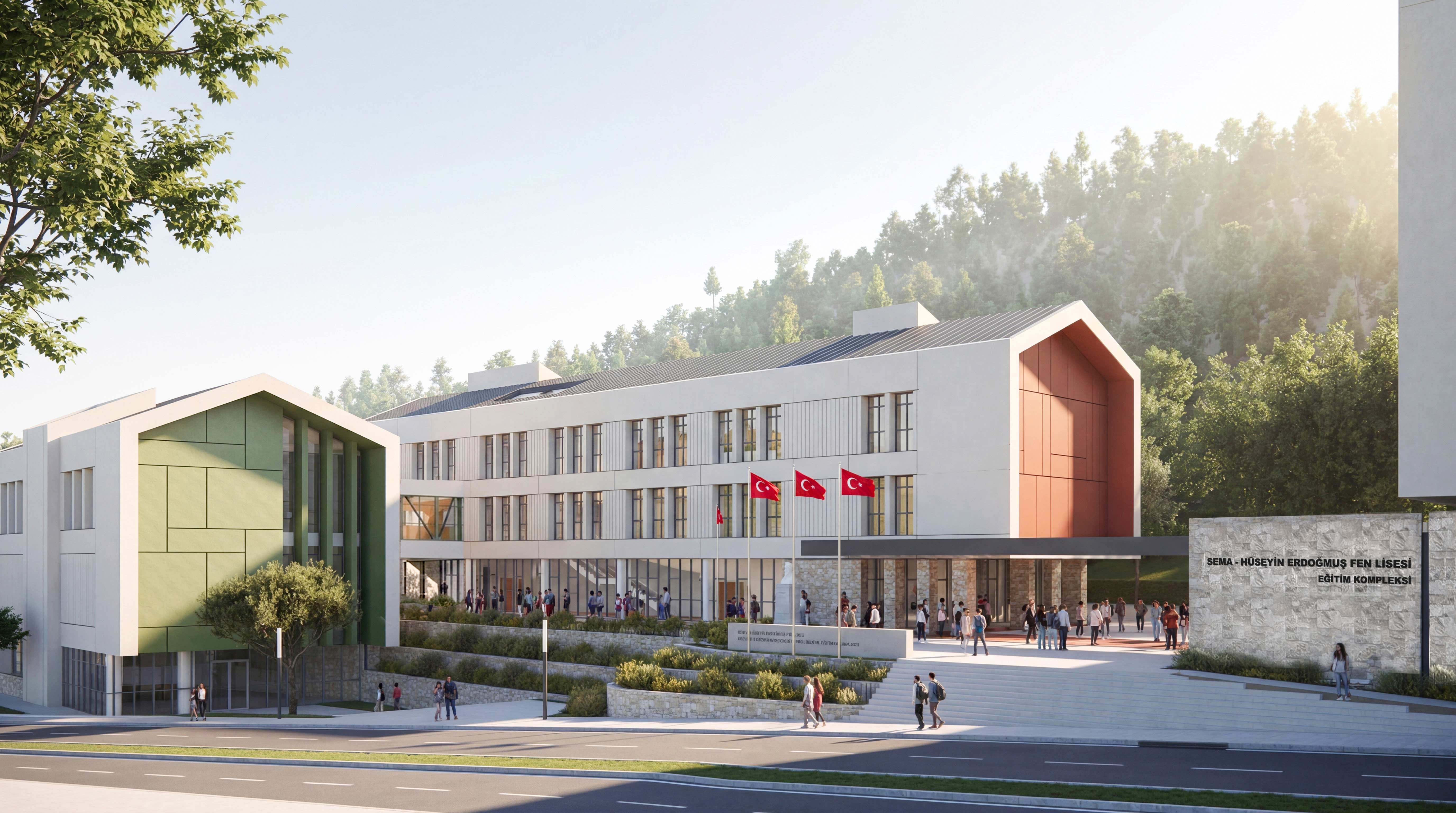 Eğirdir Fen Lisesi Eğitim Kompleksi’nin ana girişini ve kamusal açık alan ilişkisini gösteren mimari render.