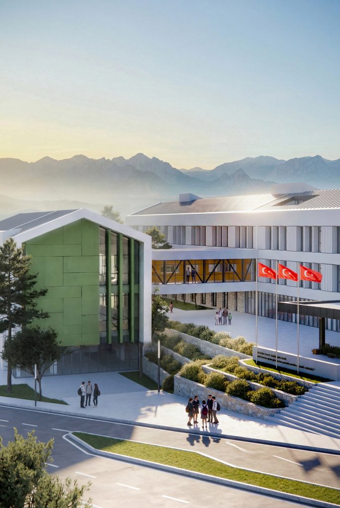 Eğirdir Fen Lisesi Eğitim Kompleksi’nin giriş alanını ve topoğrafya ilişkisini gösteren mimari render.