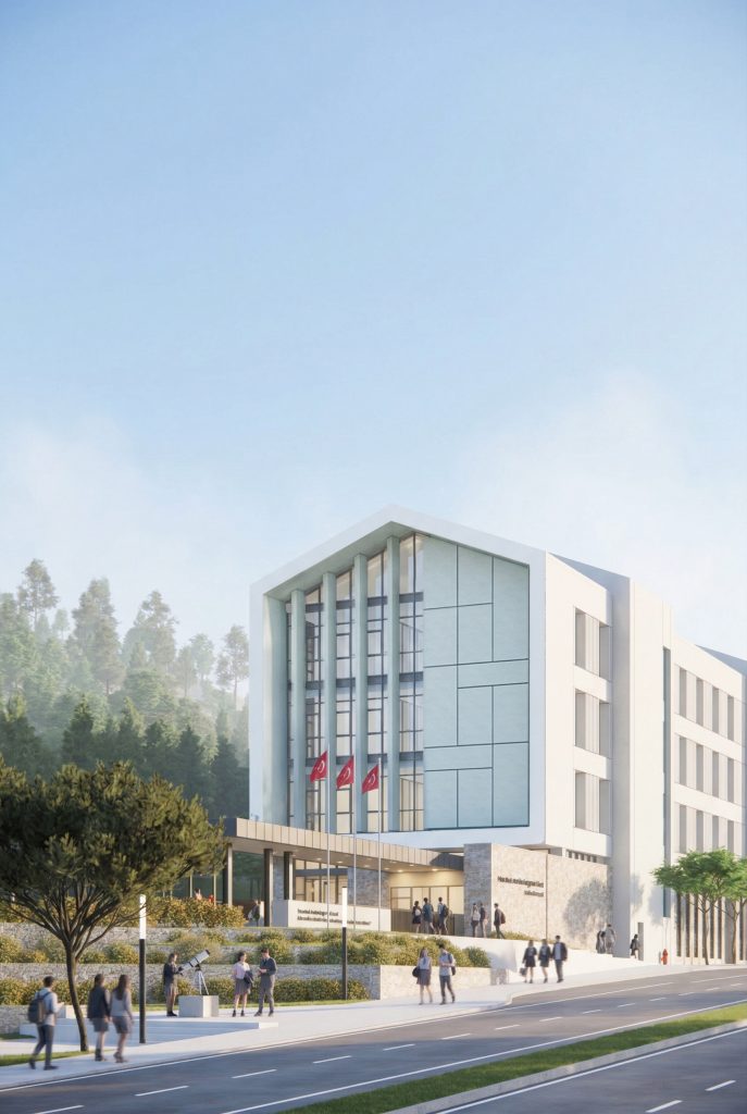 Eğirdir Fen Lisesi kampüsünde yer alan yurt binasının dış perspektif görselleştirmesi.