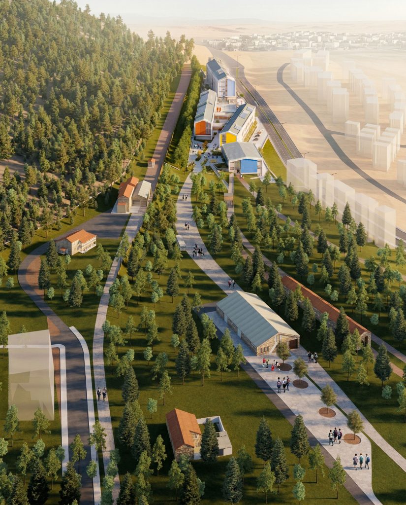 Tarihi tren garı yapıları ile yeni eğitim kampüsünü birlikte gösteren üst ölçek mimari render.