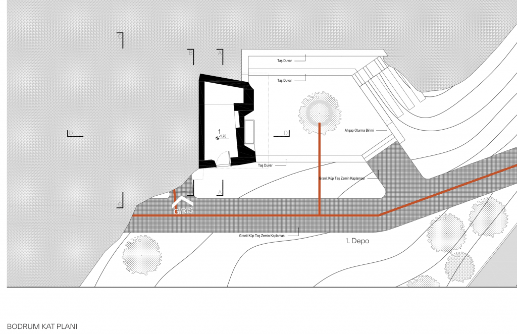 Bodrum kat planı; depo, taş duvarlar ve avlu kotları — 1/100