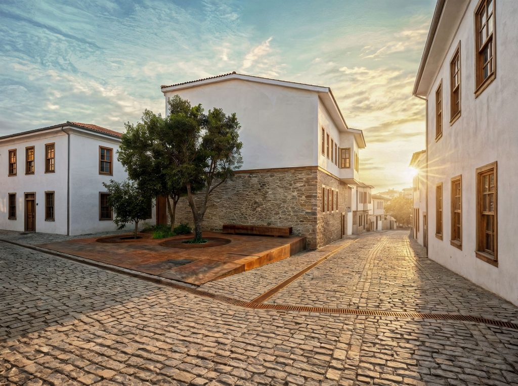 Yeni Hamam Caddesi'nden Sagalassos Ziyaretçi Evi; taş kaplama sokak ve geleneksel konut dokusu