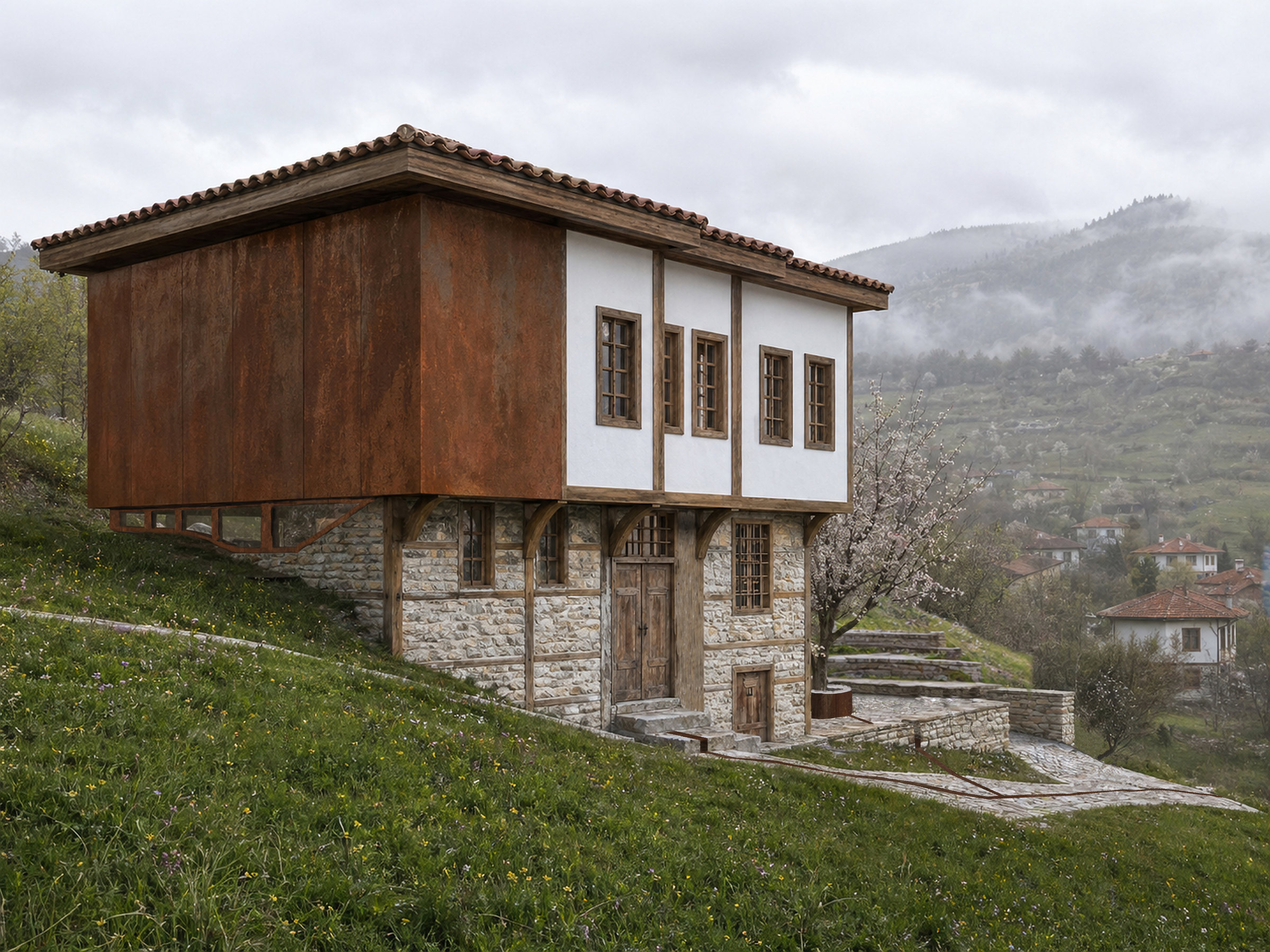 Eski avlunun taş duvarları içine yerleştirilen korten kabuk — yeni müdahalenin özgün yapıdan ayırt edildiği cephe