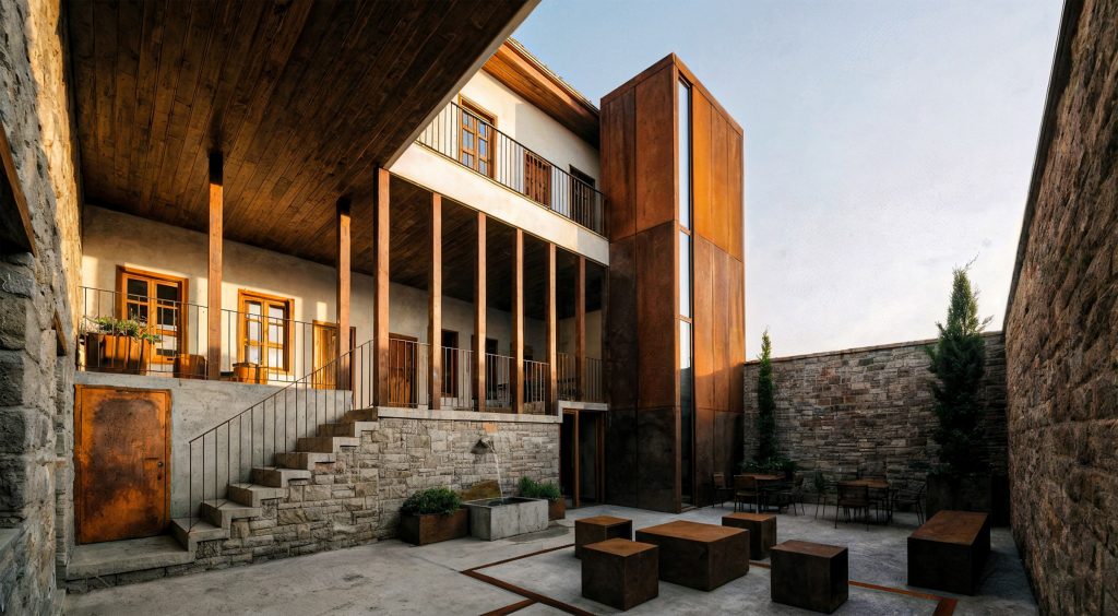 Avlu ve bağımsız korten düşey sirkülasyon kütlesi; sofa, taş duvar ve oturma alanı