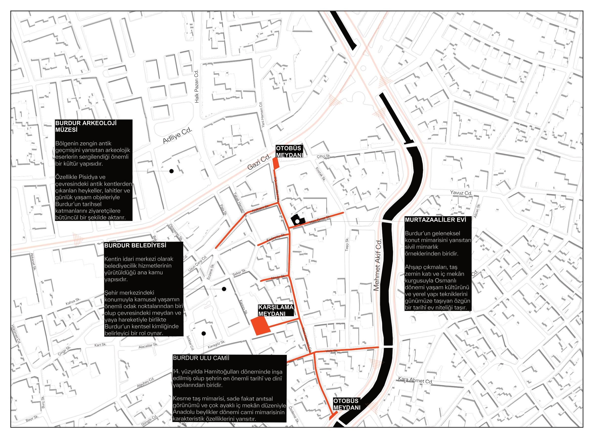 Tarihi çarşı, Yeni Hamam Caddesi ve yapının kent dokusundaki yeri — 1/2000 yaklaşım diyagramı