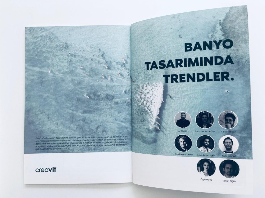 Creavit Trendbook’ta “Banyo Tasarımında Trendler” yazısı açılış sayfası; katkıda bulunanlar arasında Ali Sinan