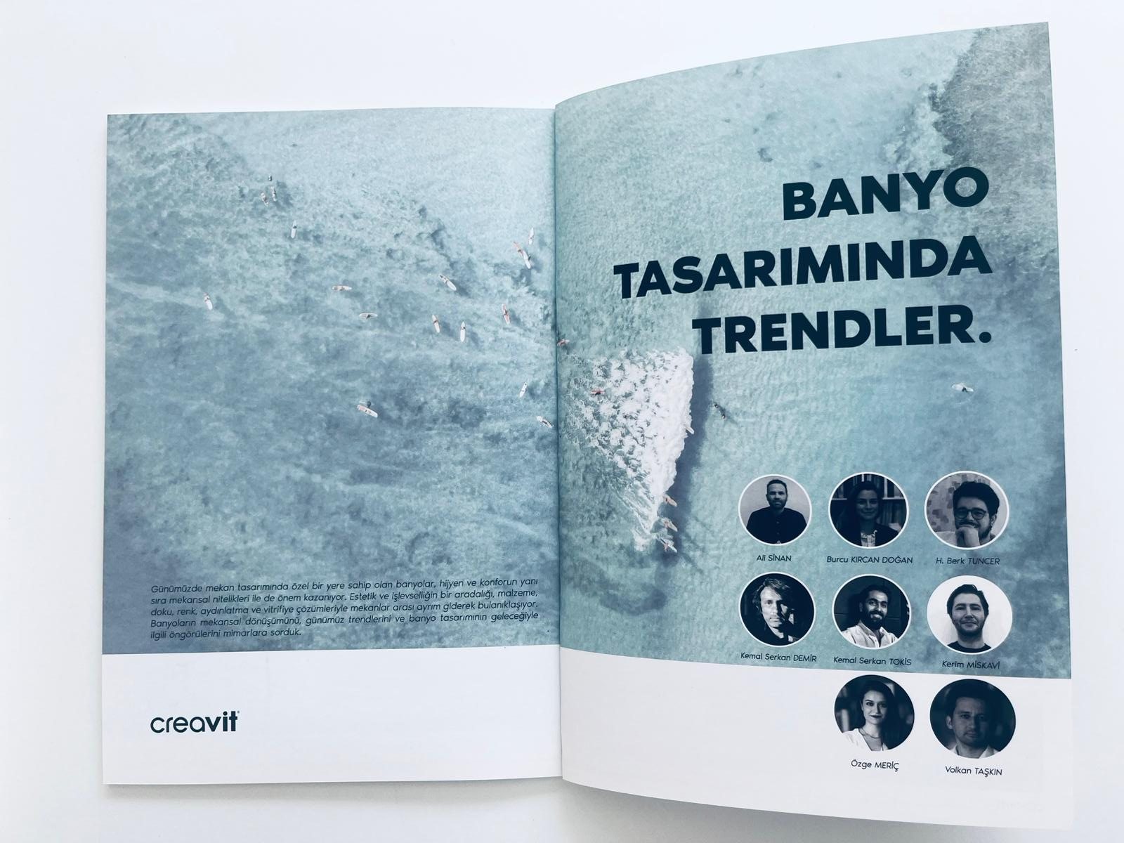 Creavit Trendbook’ta “Banyo Tasarımında Trendler” yazısı açılış sayfası; katkıda bulunanlar arasında Ali Sinan